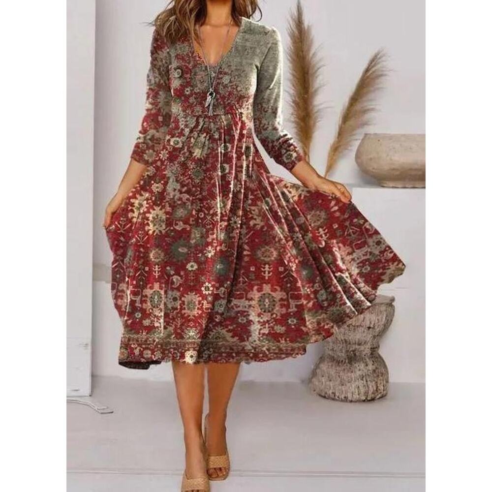 Ethnic Print V-Neck Prairie Midi Dress